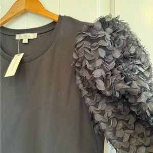 NWOT, Flat White, Sheer, Flower Petal, Organza, Puff Sleeve, Black Top, XLarge